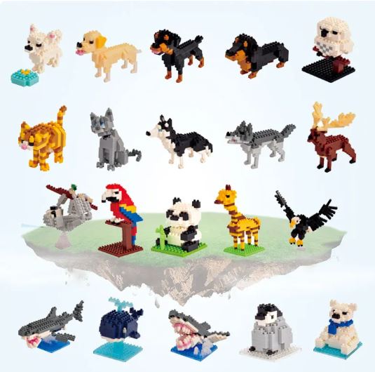 Explore the captivating Mini Nano Micro Diamond Animal Building Blocks set which includes small animal figures like dogs, a cat, and wolves on a floating island. Crafted to engage and educate all ages with interlocking nano micro blocks.