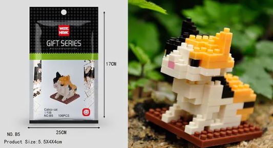 The Mini Nano Micro Diamond Animal Building Blocks set by Wisehawk features a pixelated calico cat made from nano micro blocks. The left of the package shows the cat in black, white, and orange on a brown base; the right has a garden photo. Package dimensions: 170mm x 250mm.