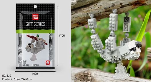 The Wise Hawk gift series toy set features a sloth design built with Mini Nano Micro Diamond Animal Building Blocks. The packaging displays the sloth in gray, white, and brown blocks hanging from sticks, capturing its natural setting.
