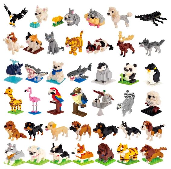 Discover the captivating Mini Nano Micro Diamond Animal Building Blocks set, featuring intricate animal figures from vibrant birds to playful dogs and majestic cats. Each figure, crafted with nano blocks, is meticulously posed on a small baseplate for educational fun and creative delight.