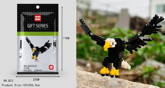 The Mini Nano Micro Diamond Animal Building Blocks set allows you to create a stunning bald eagle. The compact package displays the model with its wings spread majestically, marked Gift Series as Bald Eagle, NO. B23. Ideal for educational fun!.