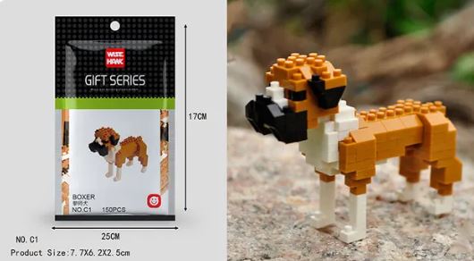 A pixelated boxer dog model stands on a rocky surface. The packaging reads Gift Series and Boxer with dimensions noted. Crafted from colorful mini nano micro diamond building blocks by Wisehawk, this set offers a fun and educational block-building experience.