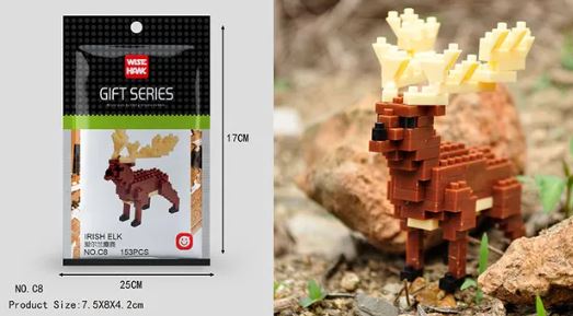 The Wise Hawk Gift Series features the brown Irish Elk model from its Mini Nano Micro Diamond Animal Building Blocks, enhancing fine motor skills. The packaging showcases its assembled dimensions and poses on a rocky surface.