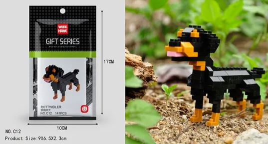 The Mini Nano Micro Diamond Animal Building Blocks set features a Rottweiler toy on a grassy backdrop, measuring 9x6.5x2.3 cm. The packaging is 17 cm tall and 10 cm wide.