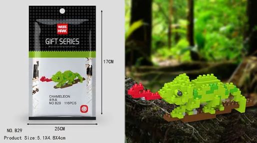 The packaging of the Mini Nano Micro Diamond Animal Building Blocks highlights educational benefits. The package details are on the left, and a pixelated chameleon with red eyes and tongue appears in a forest-like setting on the right. These blocks enhance fine motor skills.