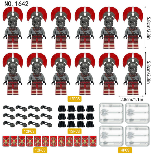 Twelve Kids Toy Minifigure Roman Soldiers stand ready with helmets, red shields, and swords. Complete with capes and skirts, these figures make an ideal Christmas stocking filler for history enthusiasts.
