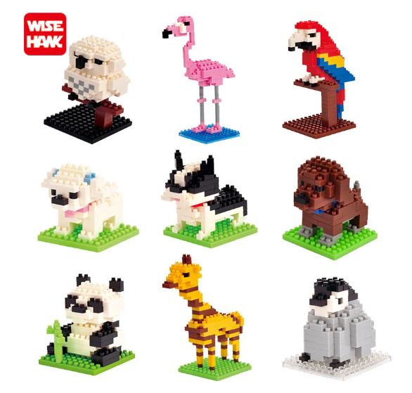 The Mini Nano Micro Diamond Animal Building Blocks set features nine toy animal figures—owl, flamingo, parrot, poodle, bulldog, brown dog, panda, giraffe, and penguin—displayed on bases. The WISE HAWK logo adorns the top left corner of this Wisehawk collection.