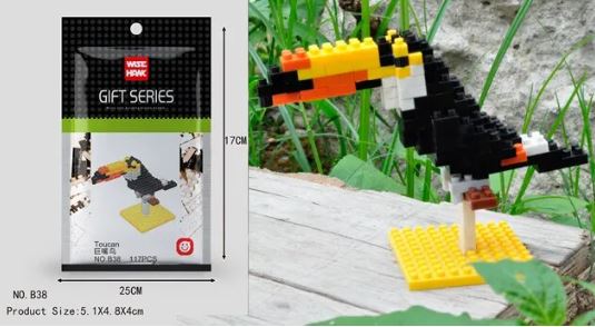 On the left, see a package featuring educational block pieces with a vibrant toucan image. On the right, the assembled Mini Nano Micro Diamond Animal Building Blocks form a colorful toucan. Package and product sizes are clearly shown.