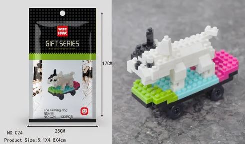 The Mini Nano Micro Diamond Animal Building Blocks set is a charming kit featuring a white and black dog on a skateboard with a pink, green, and blue deck. Part of the Wise Hawk Gift Series, its packaging highlights the nano micro diamond blocks. Dimensions: 5.1x4.8x4cm.