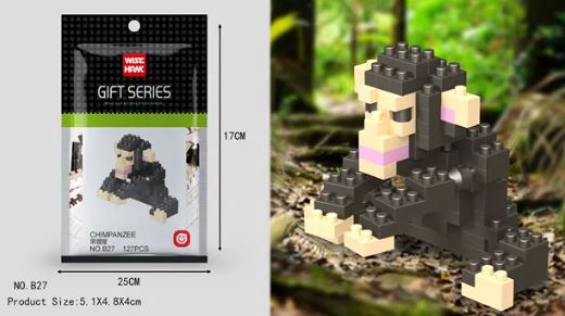 The Mini Nano Micro Diamond Animal Building Blocks chimpanzee showcases a completed model with precise dimensions against a blurred green and brown outdoor background, making it an engaging educational tool for enhancing fine motor skills.