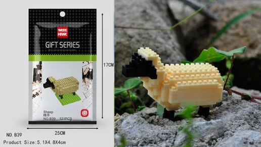 The Mini Nano Micro Diamond Animal Building Blocks set includes a charming sheep on a rock. Made with nano micro blocks, it boosts fine motor skills and offers educational fun. Product size details are listed below the packaging image.