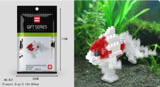 The WISE HAWK GIFT SERIES packet includes the Vaxin Goldenfish Red, a 3D fish model made from red and white Mini Nano Micro Diamond Animal Building Blocks. It comes in a 25cm by 17cm package, elegantly displayed underwater.