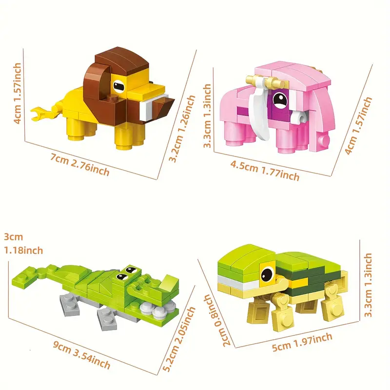Discover the Brick Block Forest Animals for imaginative play with a lion (4x7cm), pink elephant (4x4.5cm), crocodile (3x5.2cm), and turtle (3x5cm) among 12 delightful toy creatures. Perfect for building adventures!.