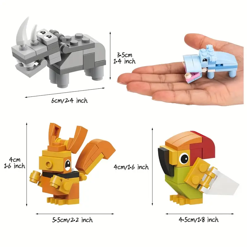 Explore the magical realm of LEGOs 12 Brick Block Forest Animals. From a gray rhinoceros to a hand-held blue and pink insect, an orange squirrel, and a yellow-red bird, each piece invites endless imaginative playtime adventures. Also includes lion, elephant, crocodile, turtle, and hippo variations.