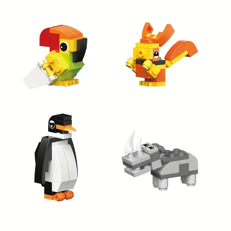 Four small LEGO models—a parrot, squirrel, penguin, and rhinoceros—are arranged on a white background. Perfect for playtime fun with the intricate 12 Brick Block Forest Animals set featuring variations like a lion, elephant, crocodile, turtle, hippo, and more.
