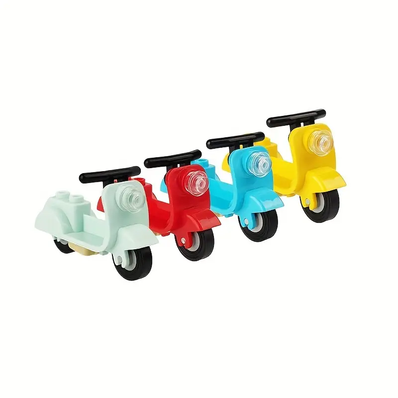 Four Minifigure Mopeds in white, red, blue, and yellow feature black handlebars and wheels with a clear plastic headlight. These scooters inspire endless creative adventures.