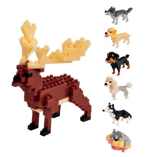 A brown moose with beige antlers stands on the left, while to the right, a charming lineup of five small animals includes a grey dog, yellow dog, black dog, poodle, and husky. Below them is an adorable multicolored hedgehog. This comes in the Mini Nano Micro Diamond Animal Building Blocks set.
