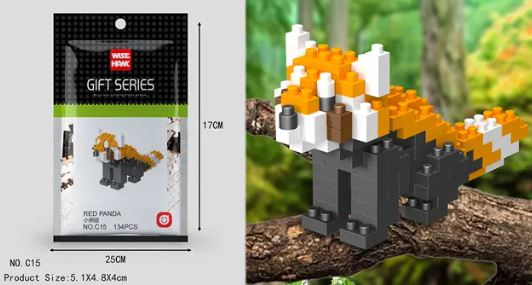The Mini Nano Micro Diamond Animal Building Blocks set features a red panda built from nano micro diamond blocks. The package (5.1x4.8x4 cm) displays the assembled model against a branch background, providing an entertaining and educational building experience.