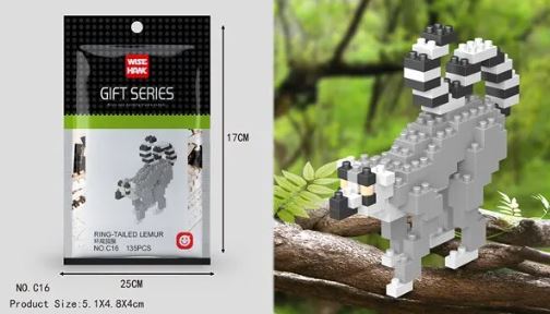 The Wise Hawk Gift Series packaging contains Mini Nano Micro Diamond Animal Building Blocks, allowing you to construct a ring-tailed lemur model. The assembled lemur stands on a log with a blurred leafy background, perfect for enhancing fine motor skills.