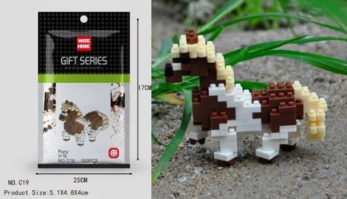 A product image displays the Wise Hawk Gift Series Pony C19 toy, a brown and white block pony on a sandy surface with greenery, built from 130 pieces of Mini Nano Micro Diamond Animal Building Blocks. The toys dimensions are 5.1 x 4.8 x 4 cm. Packaging details are shown on the left.