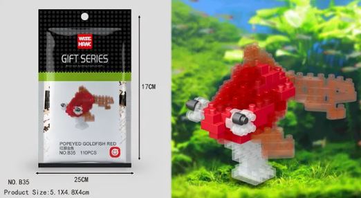 A packet labeled Mini Nano Micro Diamond Animal Building Blocks features a Wise Hawk Gift Series Popeyed Goldfish Red model. The completed fish glimmers with nano blocks, comprising 110 pieces to boost fine motor skills.
