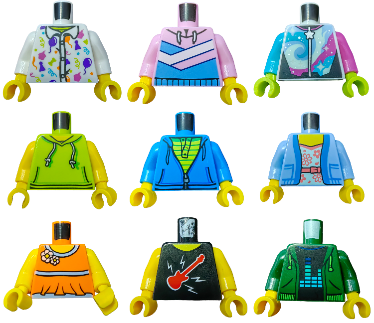 Explore the creative possibilities with our nine LEGO minifigure torsos featuring vibrant outfits: purple, pink stripes, and starry blue on top; green hoodie, blue jacket, and suit in the middle; orange floral, black guitar print, and green jacket below. Available as LEGO TORSOS 5 FOR 12.99.