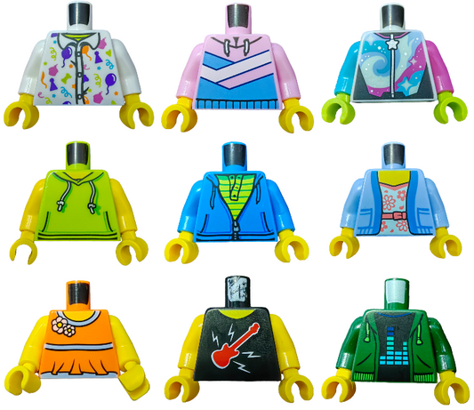 Explore the creative possibilities with our nine LEGO minifigure torsos featuring vibrant outfits: purple, pink stripes, and starry blue on top; green hoodie, blue jacket, and suit in the middle; orange floral, black guitar print, and green jacket below. Available as LEGO TORSOS 5 FOR 12.99.
