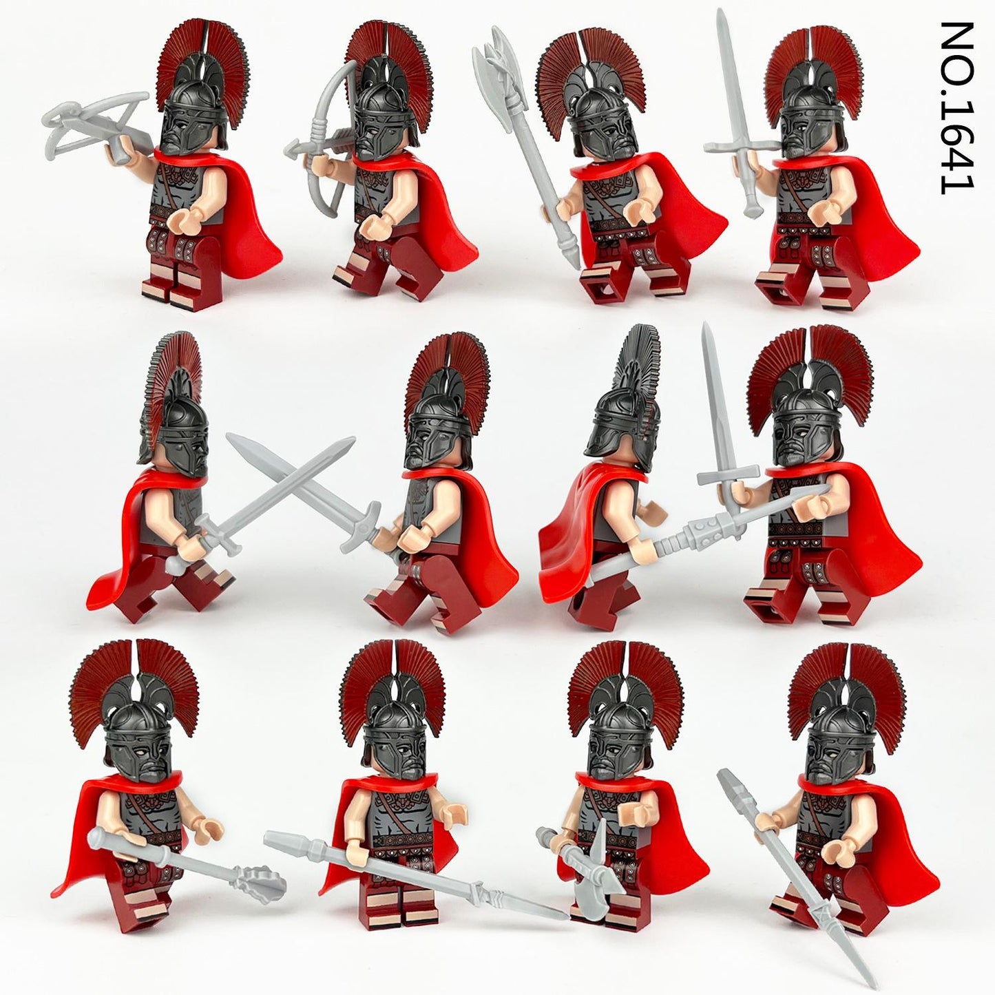 Ideal for Christmas stockings, this gift set includes 12 minifigures styled as Roman soldiers, each wearing a red cloak and helmet. Posed with swords and spears against a plain backdrop, they make a perfect festive addition.