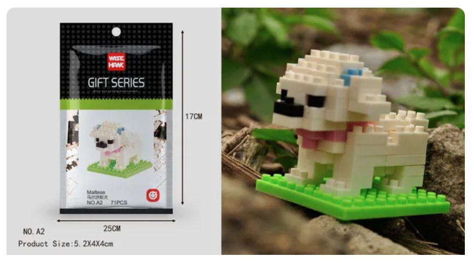 Packaging for Mini Nano Micro Diamond Animal Building Blocks depicts a Maltese-like block dog with a pink collar and blue ear tag on a green base. Branded as Wise Hawk Gift Series, it’s perfect for enhancing fine motor skills.