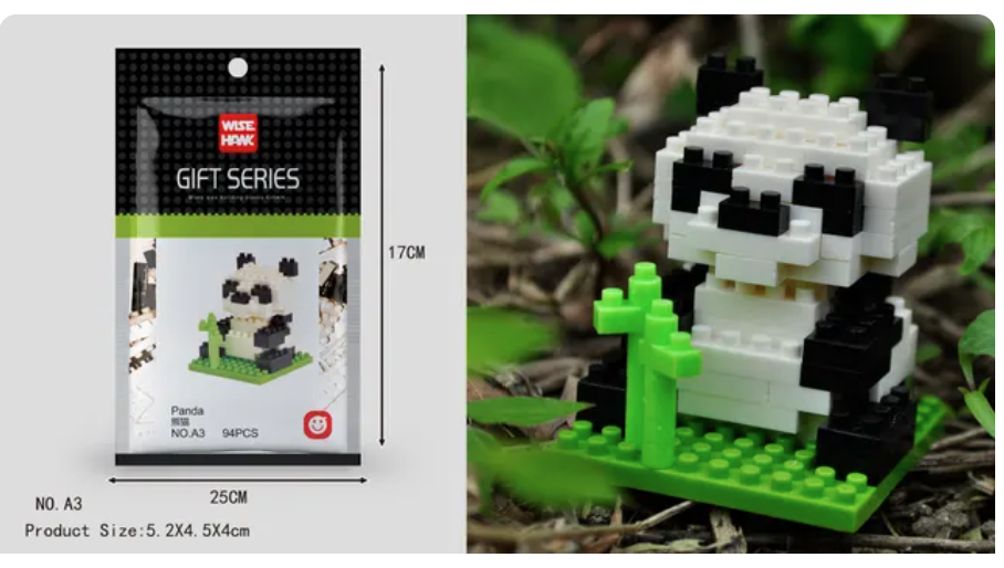 The Mini Nano Micro Diamond Animal Building Blocks set features a toy panda made from small diamond blocks. The left side of the package lists dimensions, while the right shows the panda holding bamboo on a green baseplate—ideal for improving fine motor skills.