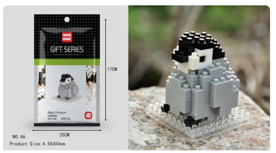 The Mini Nano Micro Diamond Animal Building Blocks set features an adorable baby penguin on a rock. Ideal for improving fine motor skills, the compact package measures 17cm x 25cm.