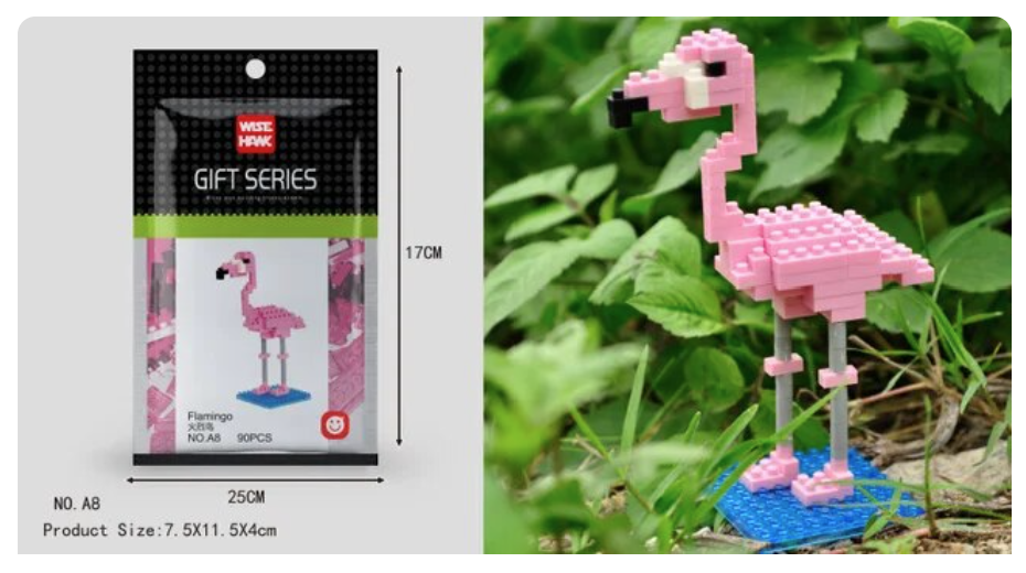 The Mini Nano Micro Diamond Animal Building Blocks packaging is on the left, showing vibrant educational blocks. On the right, a completed pink flamingo model stands on a blue base with green leaves, ideal for enhancing fine motor skills.