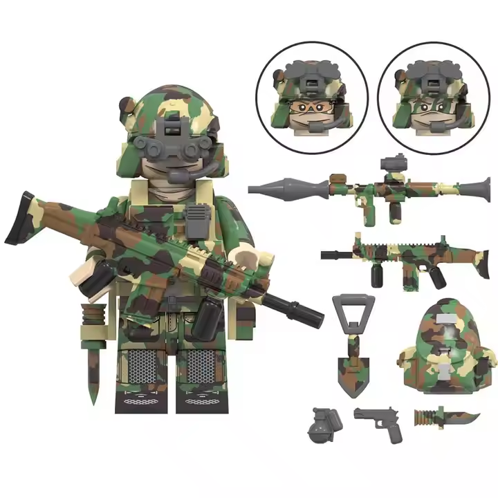 The LEGO Special Forces Minifigures feature a toy soldier in camouflage with a rifle for military strategy enthusiasts. It comes with interchangeable weapons, equipment, a detailed helmet, and accessory slots. Inset images showcase various SAS headgear options.