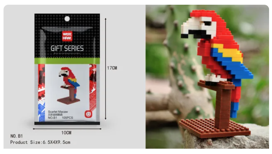 Wise Hawks Gift Series includes the Mini Nano Micro Diamond Animal Building Blocks, featuring a colorful Scarlet Macaw model perched on a brown stand. Ideal for enhancing fine motor skills while creating art, its perfect for display outdoors on a tree branch.