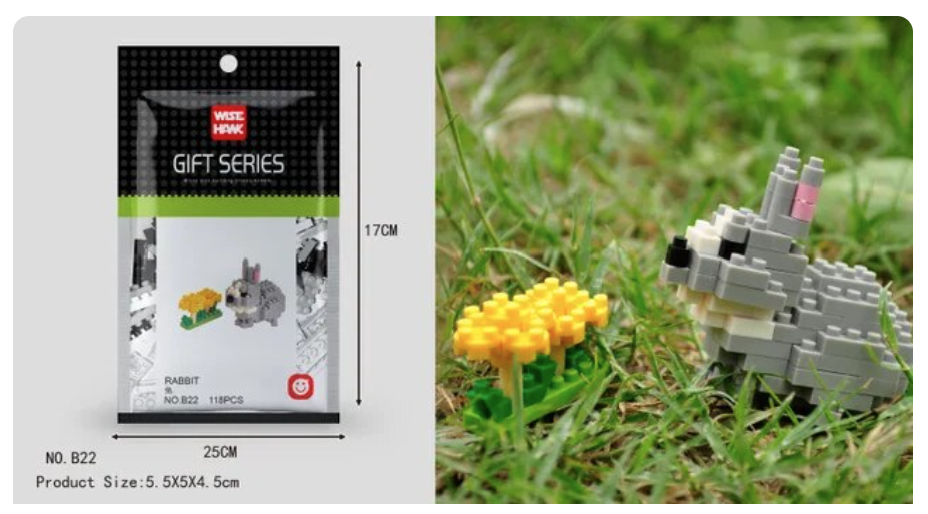 An image shows the packaging of a toy rabbit from the Wisehawk Gift Series, measuring 17cm by 25cm. Nearby, a small rabbit crafted from Mini Nano Micro Diamond Animal Building Blocks sits by yellow flowers on green grass, ideal for enhancing fine motor skills.