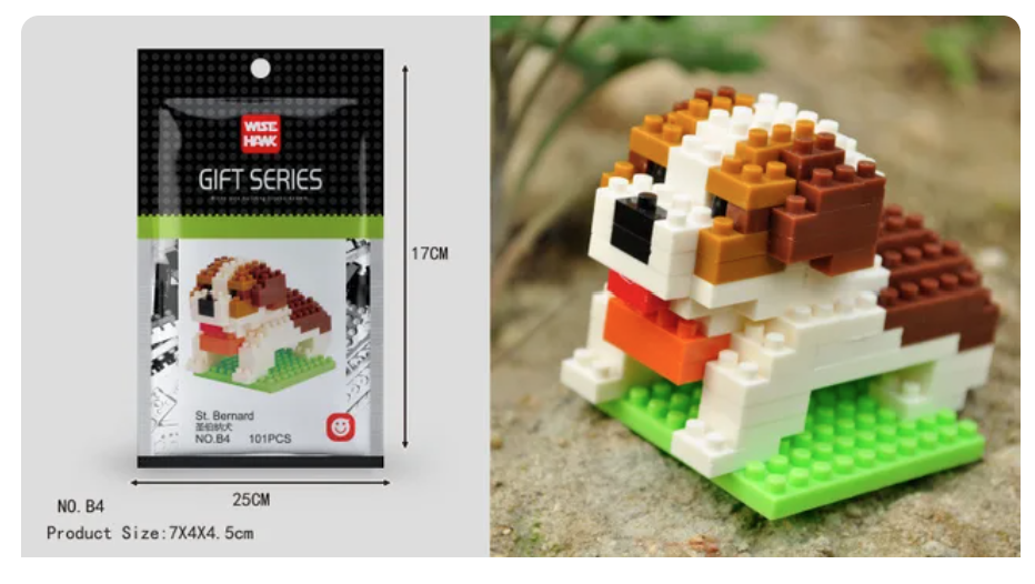 The Mini Nano Micro Diamond Animal Building Blocks series offers a small 3D toy dog block set that boosts fine motor skills. It includes nano micro diamond blocks in a bag, assembling into a brown, white, and orange dog on a green base measuring 7X4X4.5 cm.