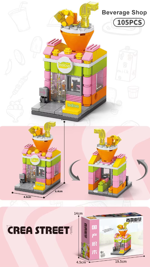 The Building Blocks Beverage Shop toy features a vibrant design with a large orange cup and yellow straw on the roof, glass doors, pink, green, and orange details. It includes packaging labeled Beverage Shop 105PCS, inspired by refreshing drinks made from quality ingredients.