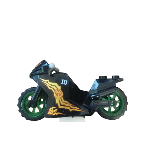 The Minifigure Bikes for Racing features a sleek black toy motorcycle with green wheels and orange flame decals, ideal for intense races. Its simplistic design resembles racing bikes, standing on a small white platform.