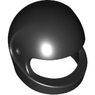 A shiny, black motorcycle helmet for minifigures with a smooth, curved design and open face section. The reflective surface creates a bright spot near the top. Though simplistic with no visible straps, customizing its various styles adds a unique touch.