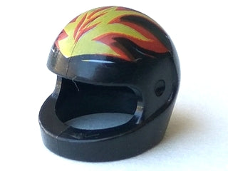 This small black minifigure motorcycle helmet, part of the Motorcycle Helmets for Minifigures series, showcases a vibrant yellow and red flame design. The open front enhances authenticity, while its plastic material allows easy customization.