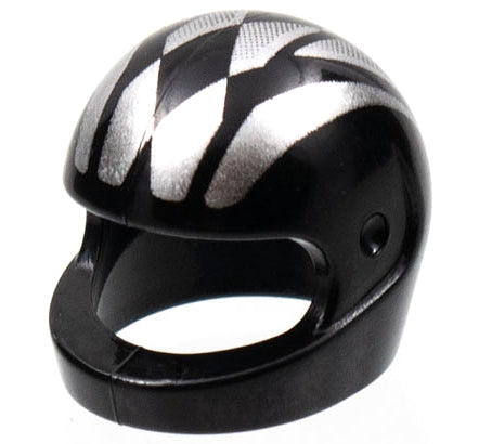 A small black open face helmet with silver stripes and textured finish, perfect for customization-loving minifigures. Part of the Motorcycle Helmets for Minifigures: Various Colours and Styles collection.