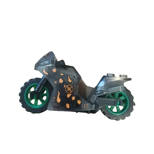 The Minifigure Bikes for Racing boast a black body with orange geometric patterns, green wheels, and a sleek angular design. It features stud-like blocks on the rear for easy assembly—ideal for intense races.