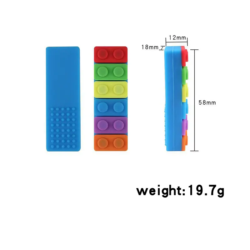 Three vibrant toys, reminiscent of building blocks, are shown from various angles. They measure 18mm x 12mm x 58mm and weigh 19.7g. Ideal as sensory aids for those seeking stimulation, these Rainbow Chew Toys offer a fun oral experience for children with ADHD or anxiety!.