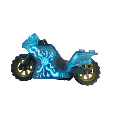 The Minifigure Bikes for Racing is a sleek toy motorcycle in translucent blue plastic with black tires and glowing white patterns, perfect for intense races on a plain white backdrop.