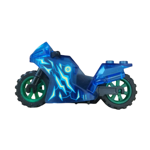 The Minifigure Bikes for Racing features a sleek, blue toy motorcycle with green wheels and turquoise lightning bolt designs. Made from interlocking plastic bricks, it zooms across a white background, providing intense races for any fan.