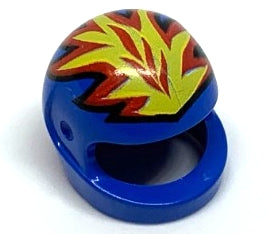 A blue plastic minifigure helmet with a base ring and bold red, yellow, and black flames on top, ideal for minifigures or customizing to resemble favorite motorcycle helmets from our Motorcycle Helmets for Minifigures. Various Colours and Styles collection.