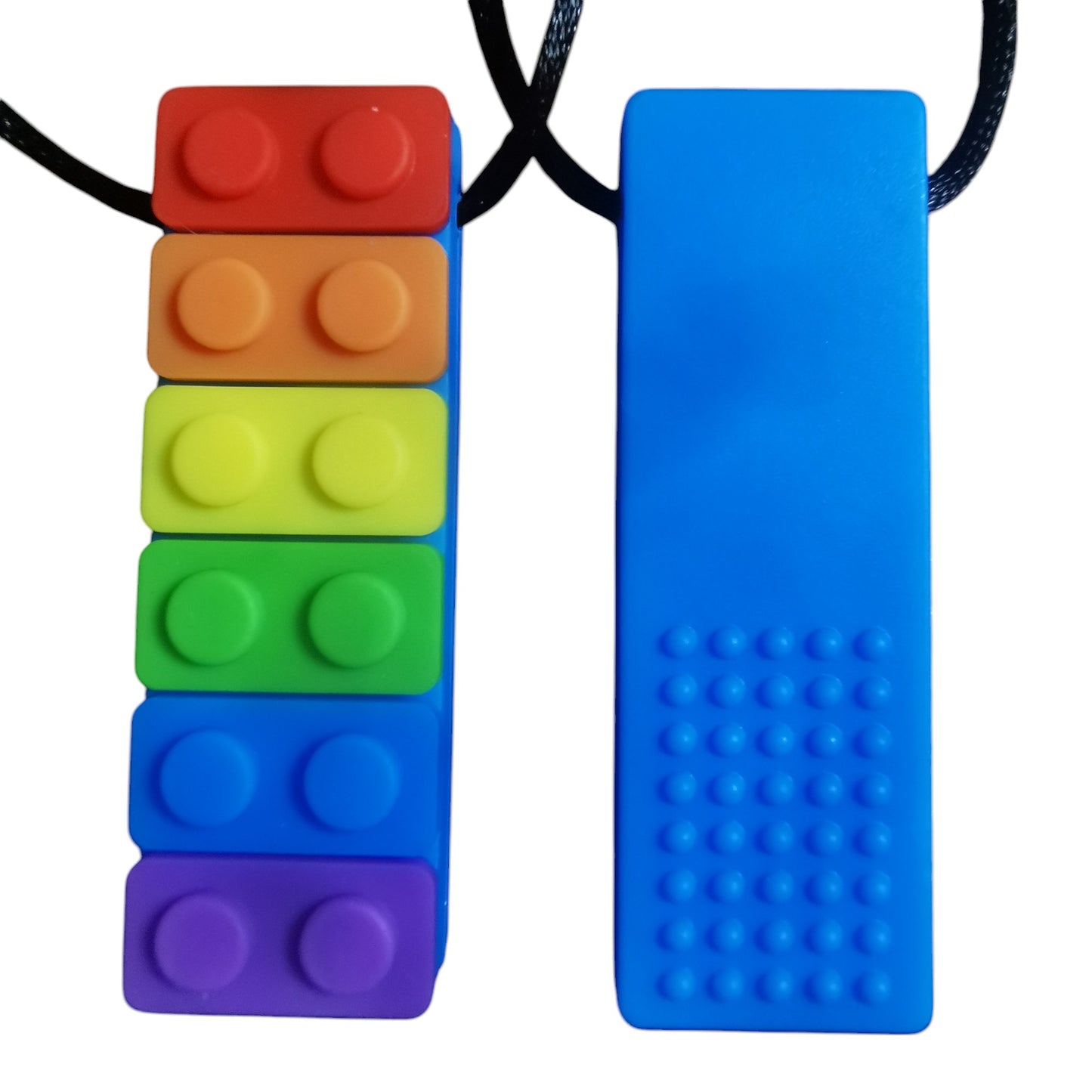 Two Sensory Chew Necklace Rainbow Chew Toys include a stacked rainbow block design and a solid blue textured surface. These necklaces are ideal oral sensory aids for autistic children, ADHD, teething, anxiety, or biting needs, all safely attached to black cords for easy wear.