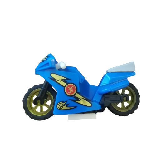 The Minifigure Bikes for Racing toy motorcycle features a sleek design with a bright blue finish, bold black and yellow flames, two black wheels with yellow rims, a grey seat, and a stabilizing kickstand.