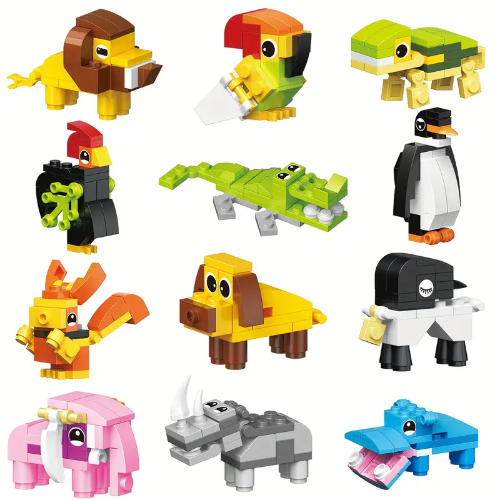 Explore 12 vibrant brick block forest animals, such as a lion, elephant, and crocodile. This playful collection offers various creatures like a turtle and hippo, perfect for sparking creativity and fun in every building adventure!.