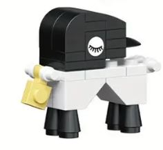 This whimsical figure from the 12 Brick Block Forest Animals collection has a black block-shaped head with a closed eye and lashes, black legs, and a white body. It holds a yellow square, perfect for imaginative play.